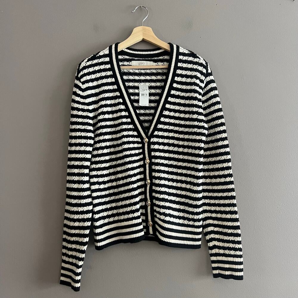 LOFT Pointelle Striped Cardigan Women’s Medium Knit Button Front Cream Black